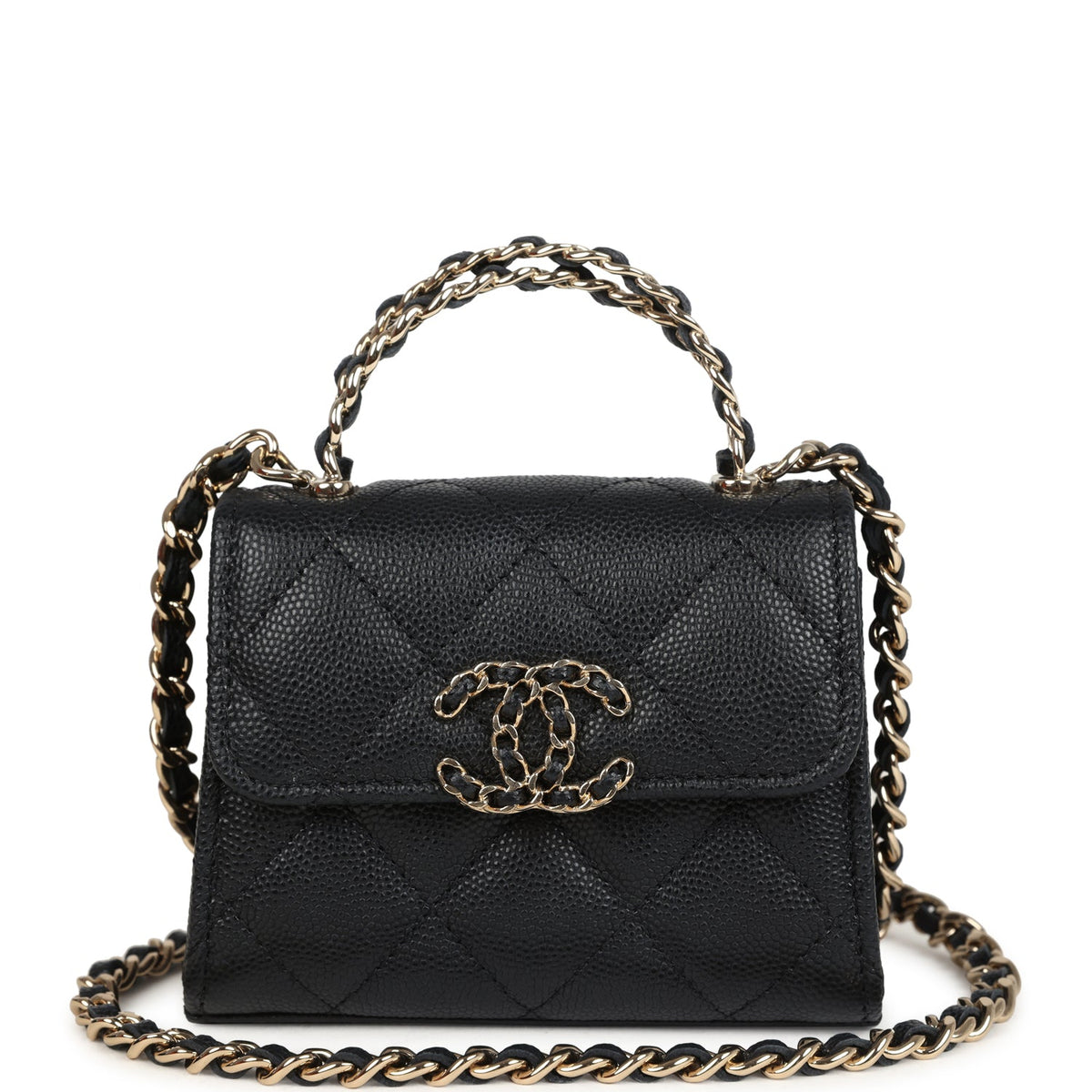 Chanel Nano Clutch with Chain Black Caviar Light Gold Hardware
