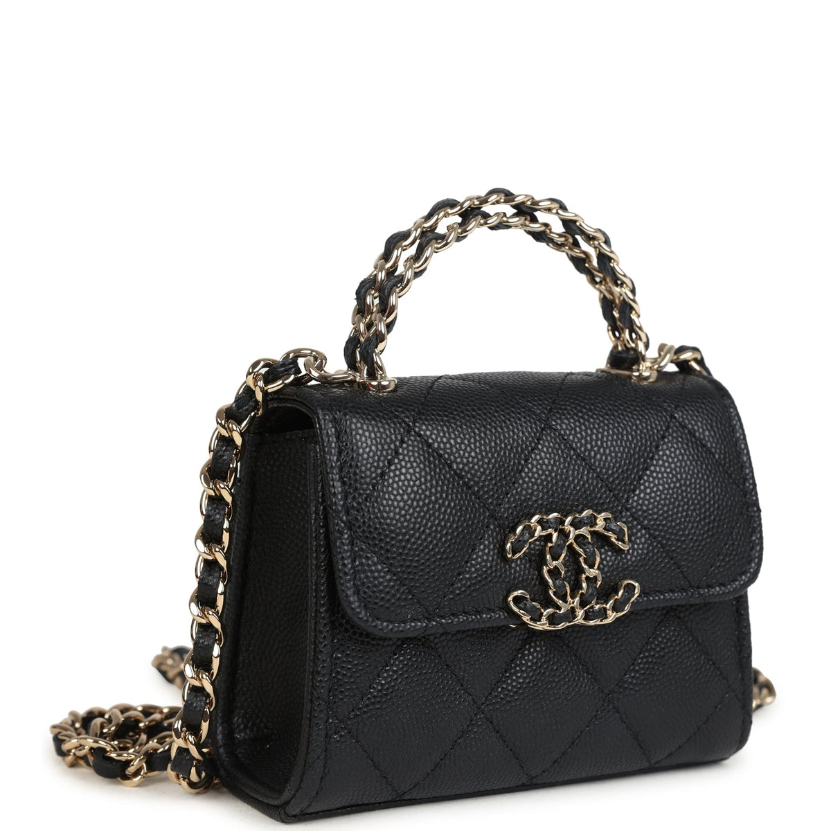 Chanel Nano Clutch with Chain Black Caviar Light Gold Hardware