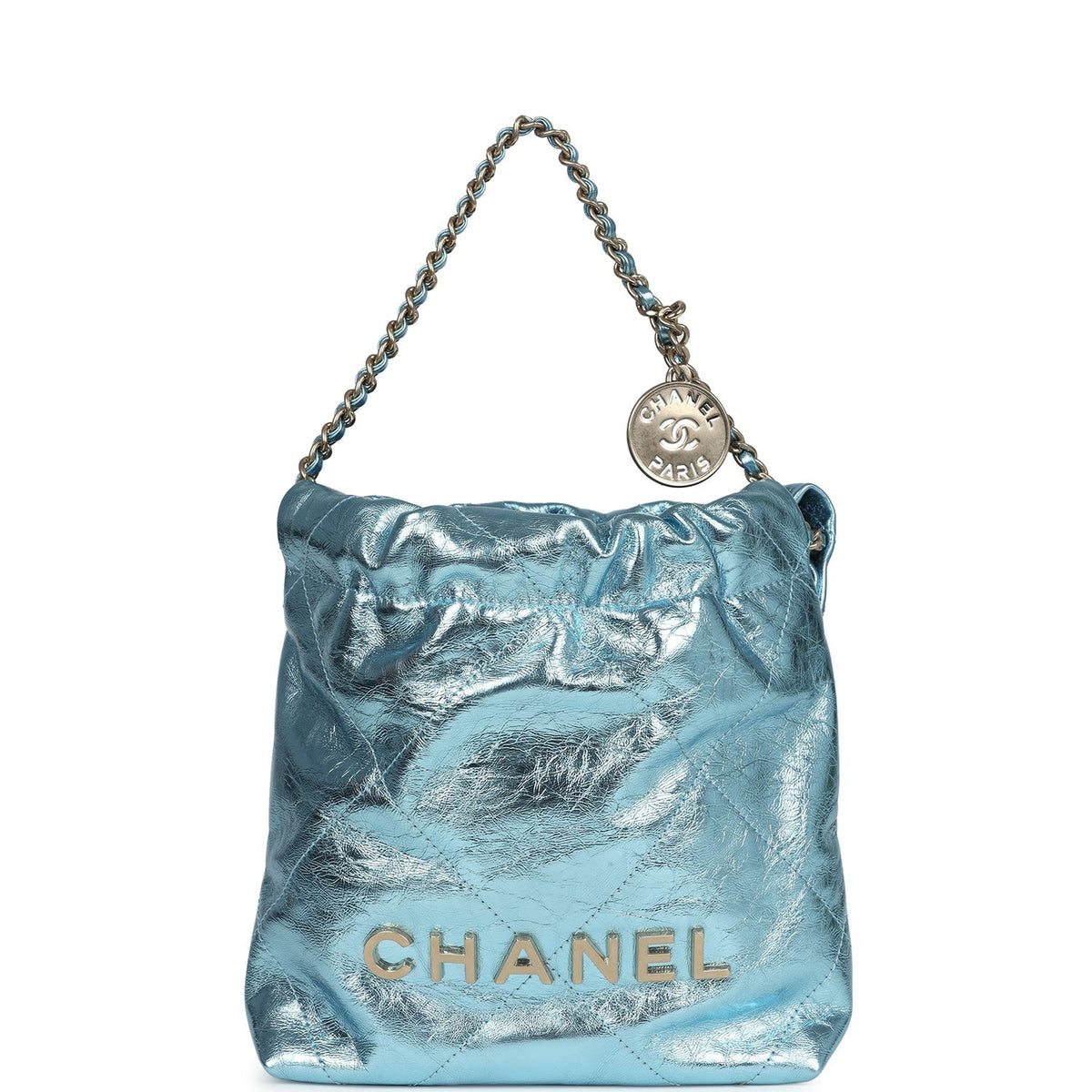Chanel Mini 22 Bag Blue Metallic Calfskin Brushed Gold Hardware