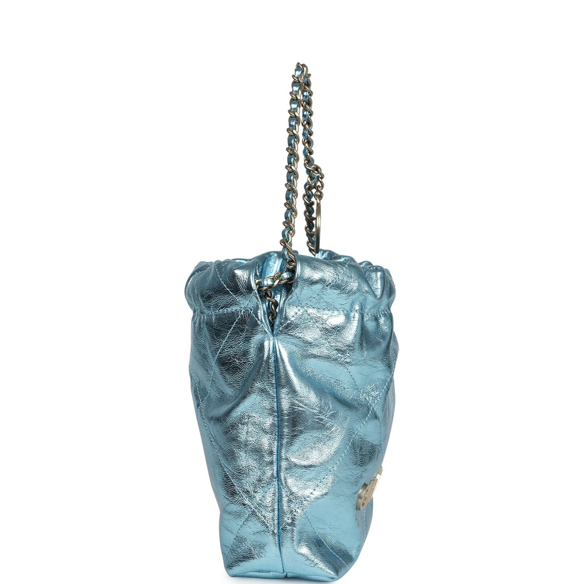 Chanel Mini 22 Bag Blue Metallic Calfskin Brushed Gold Hardware