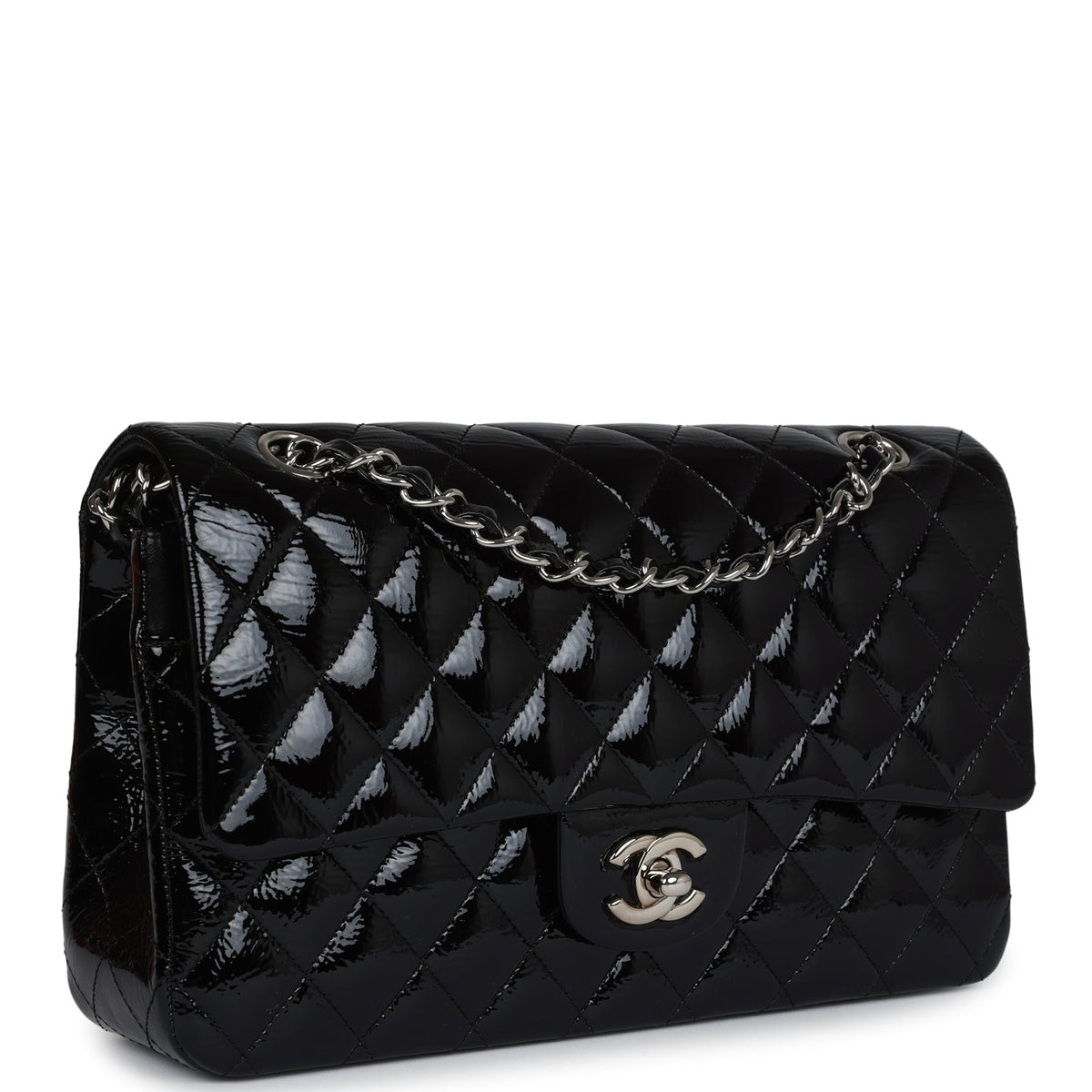 Chanel Medium Classic Double Flap Bag Black Crumpled Patent Leather Silver Hardware