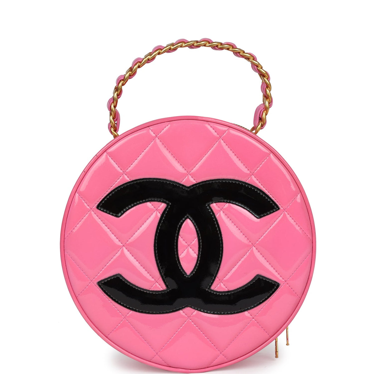 Chanel Round Vanity Bag Pink and Black Patent Leather Antique Gold Hardware