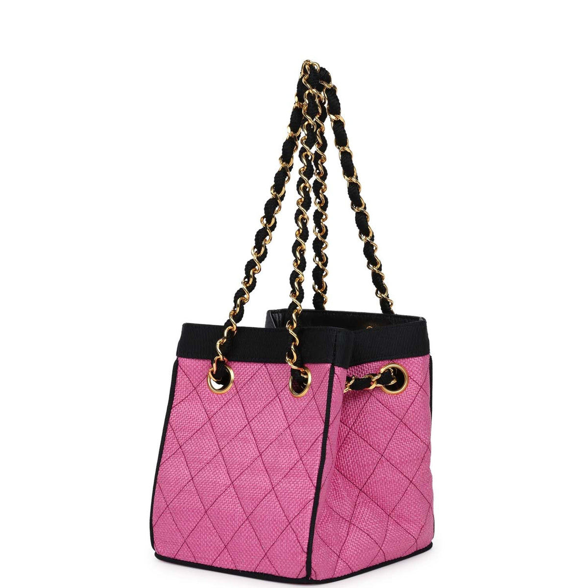 Chanel Set of Two Mini Bucket Bag & Oval Handbag Pink and Black Raffia Gold Hardware