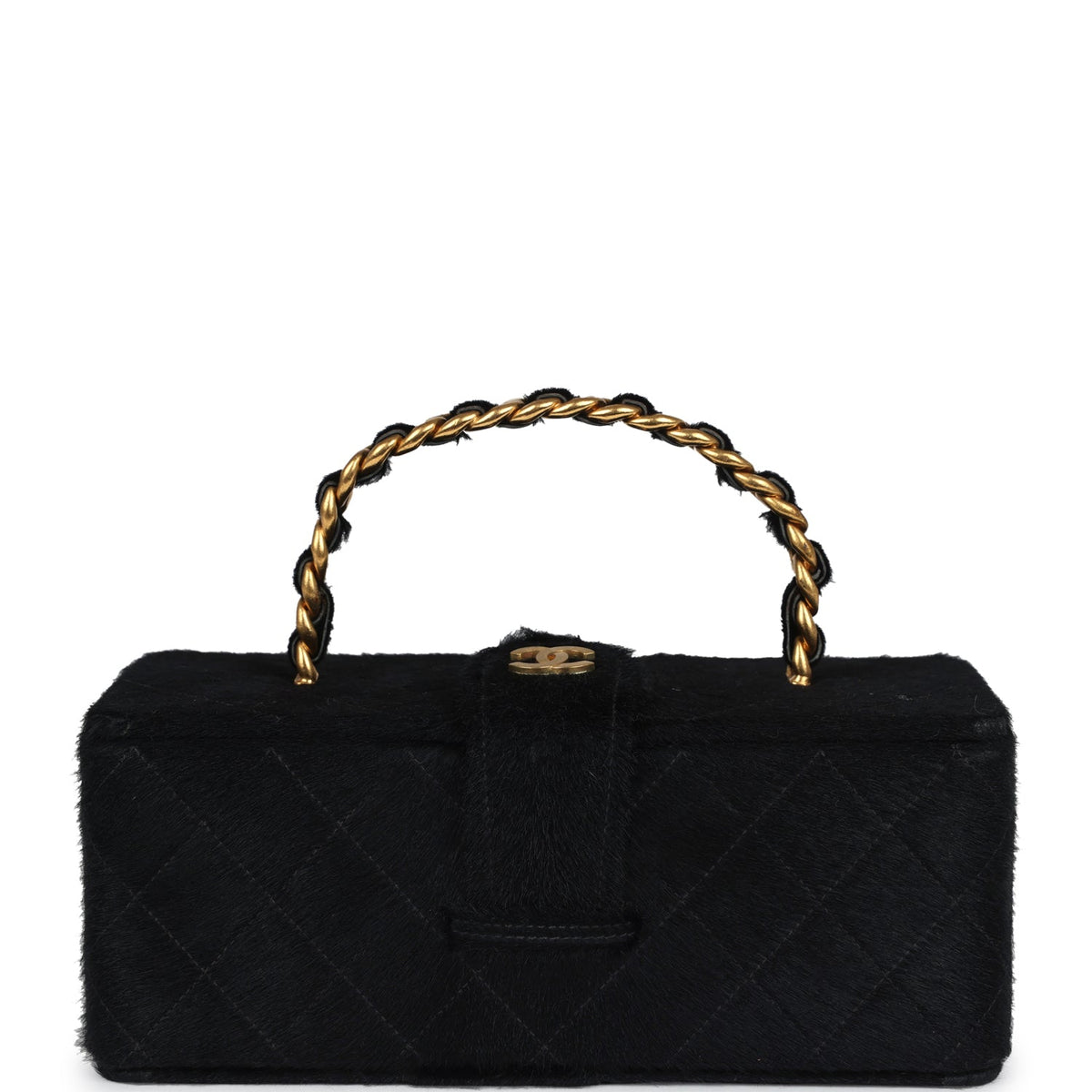 Chanel Rectangular Vanity Box Black Pony Hair Antique Gold Hardware Handbag