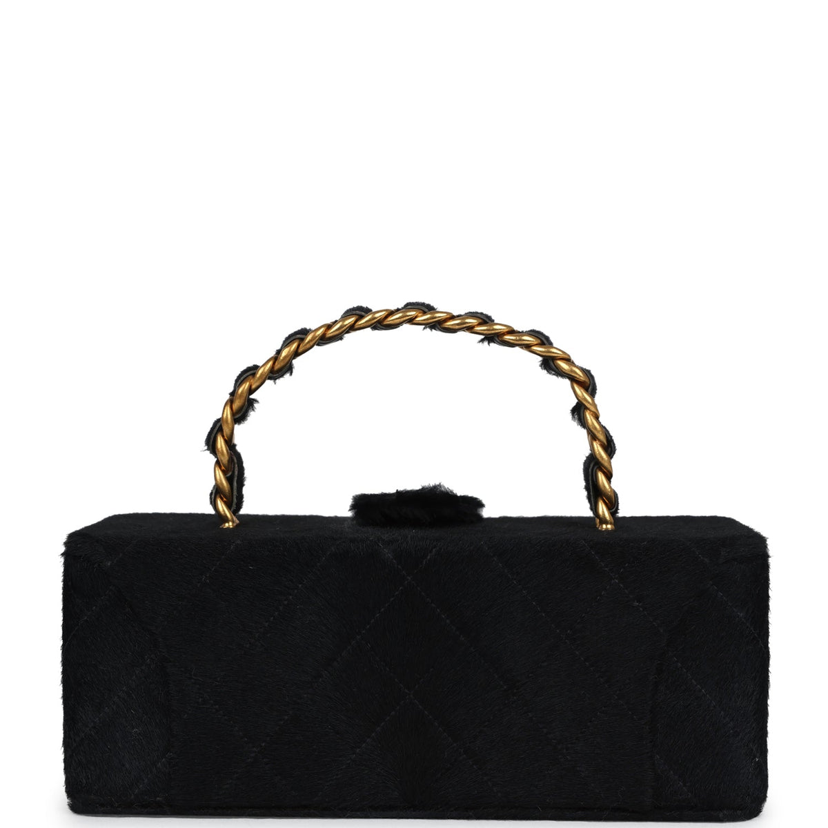 Chanel Rectangular Vanity Box Black Pony Hair Antique Gold Hardware Handbag