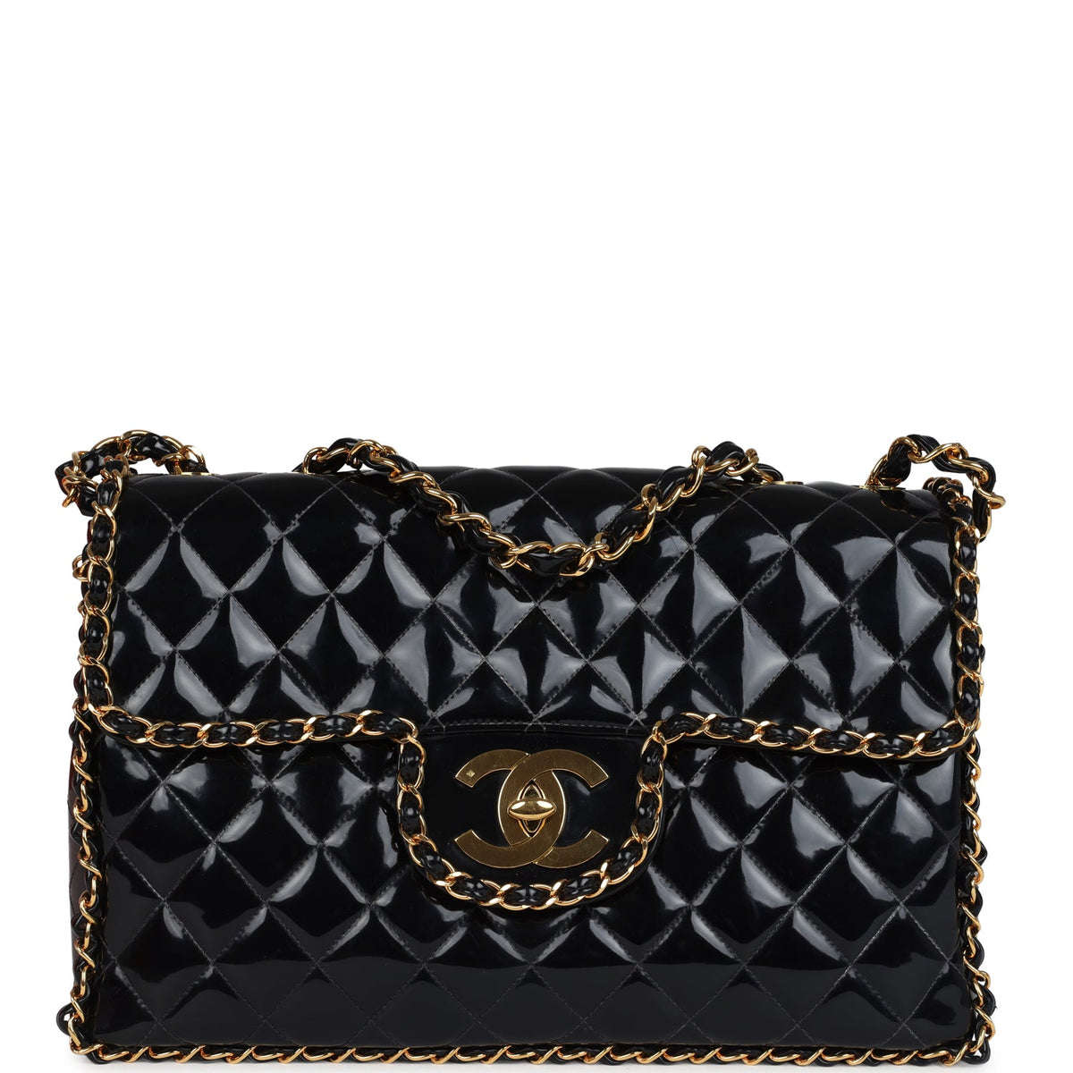 Chanel Maxi Classic Chain Around Single Flap Bag Black Patent Gold Hardware