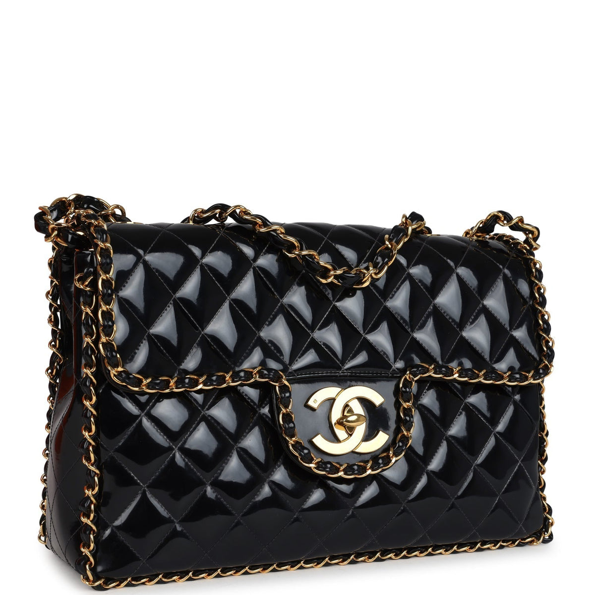 Chanel Maxi Classic Chain Around Single Flap Bag Black Patent Gold Hardware
