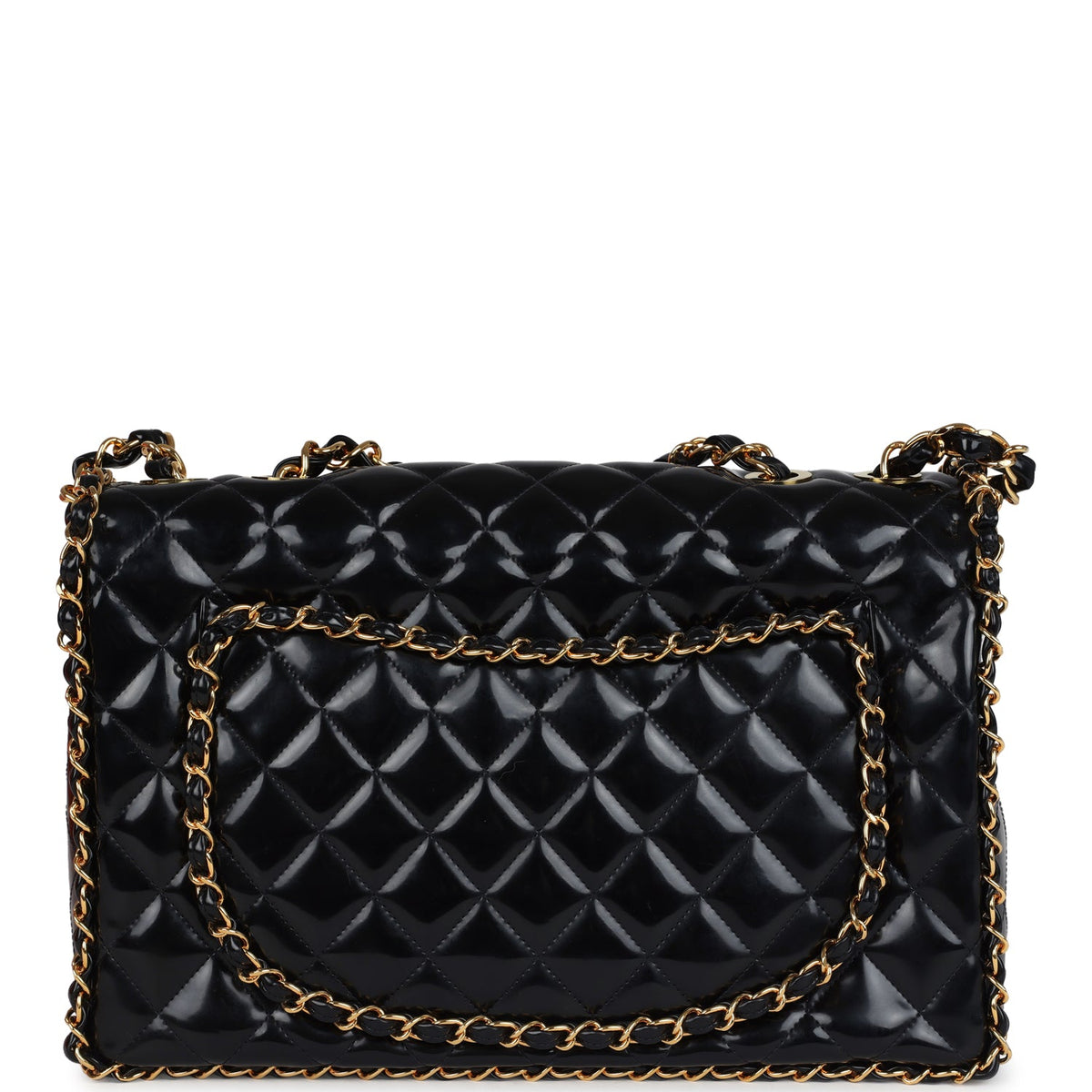 Chanel Maxi Classic Chain Around Single Flap Bag Black Patent Gold Hardware