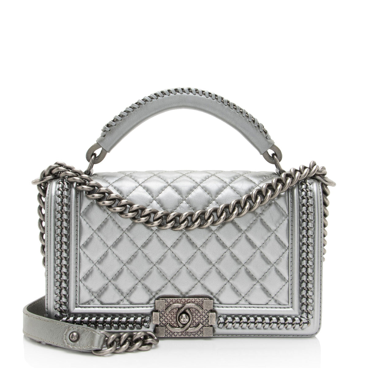 Chanel Metallic Aged Calfskin Chain Top Handle Medium Boy Bag (SHF-RO5g92)