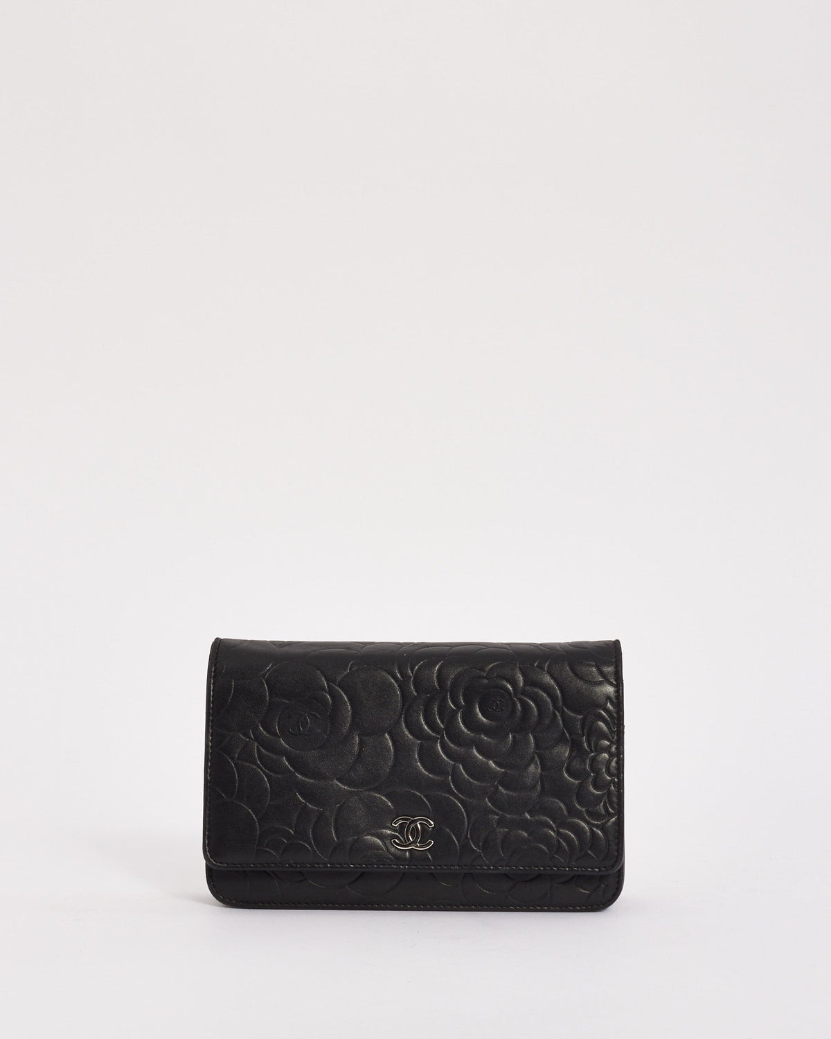 Chanel Black Lambskin Leather Camellia Embossed Wallet on Chain