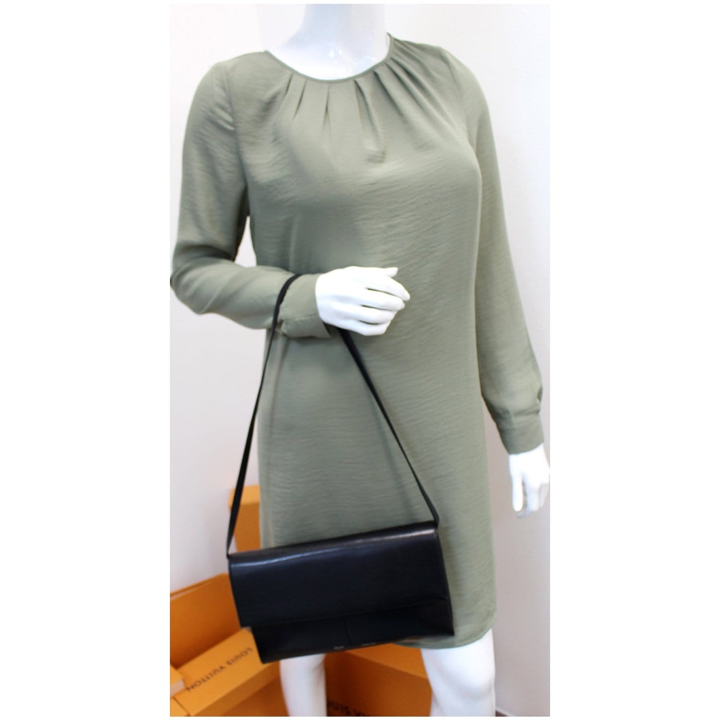 CELINE Folded Clutch Strap Leather Shoulder Bag Black