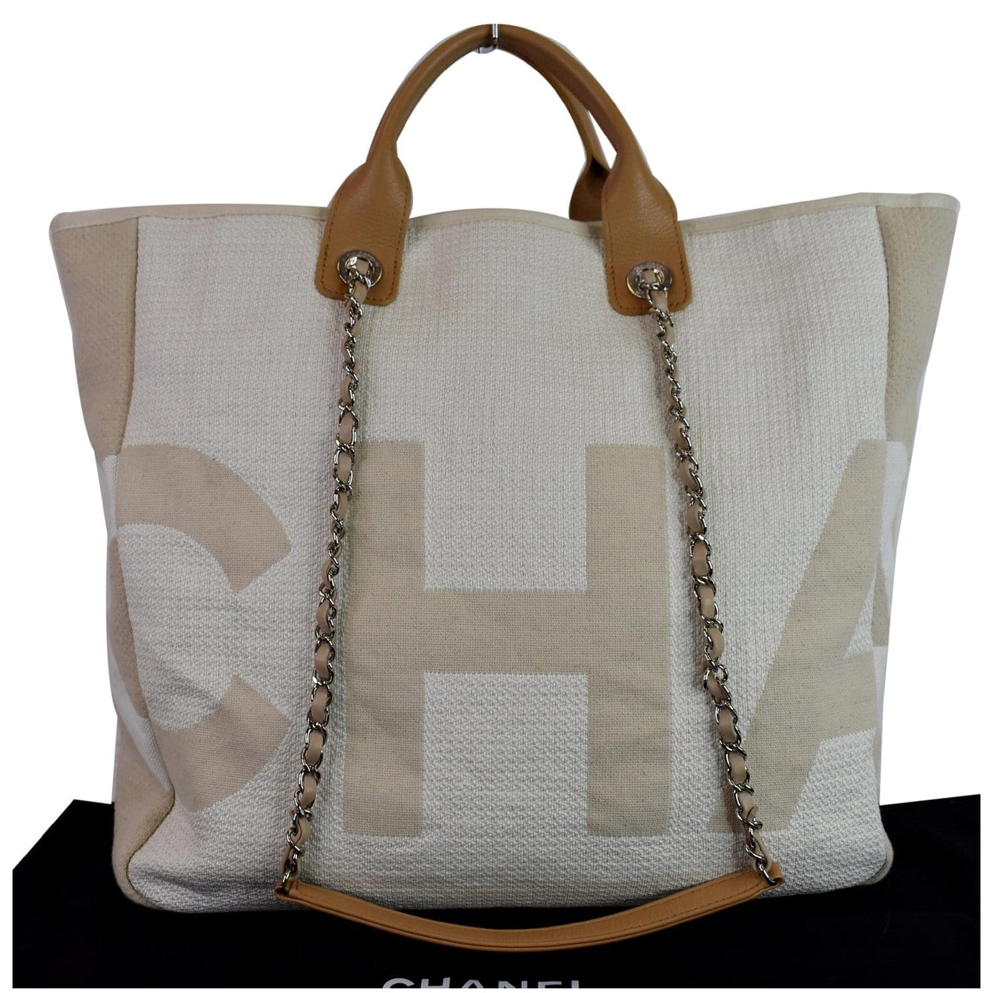 CHANEL 18P Deauville 2Way Logo Chain Shopping Tote Bag Beige