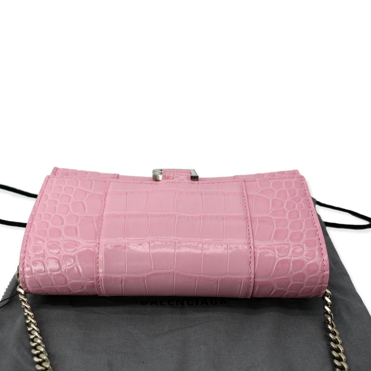 BALENCIAGA Hourglass Crocodile Embossed Chain Wallet Pink