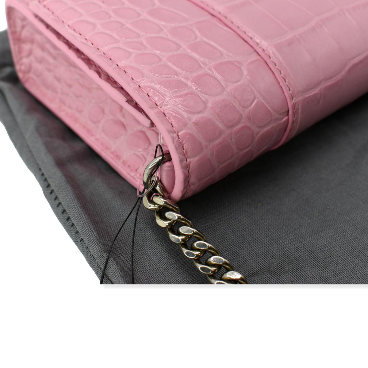 BALENCIAGA Hourglass Crocodile Embossed Chain Wallet Pink