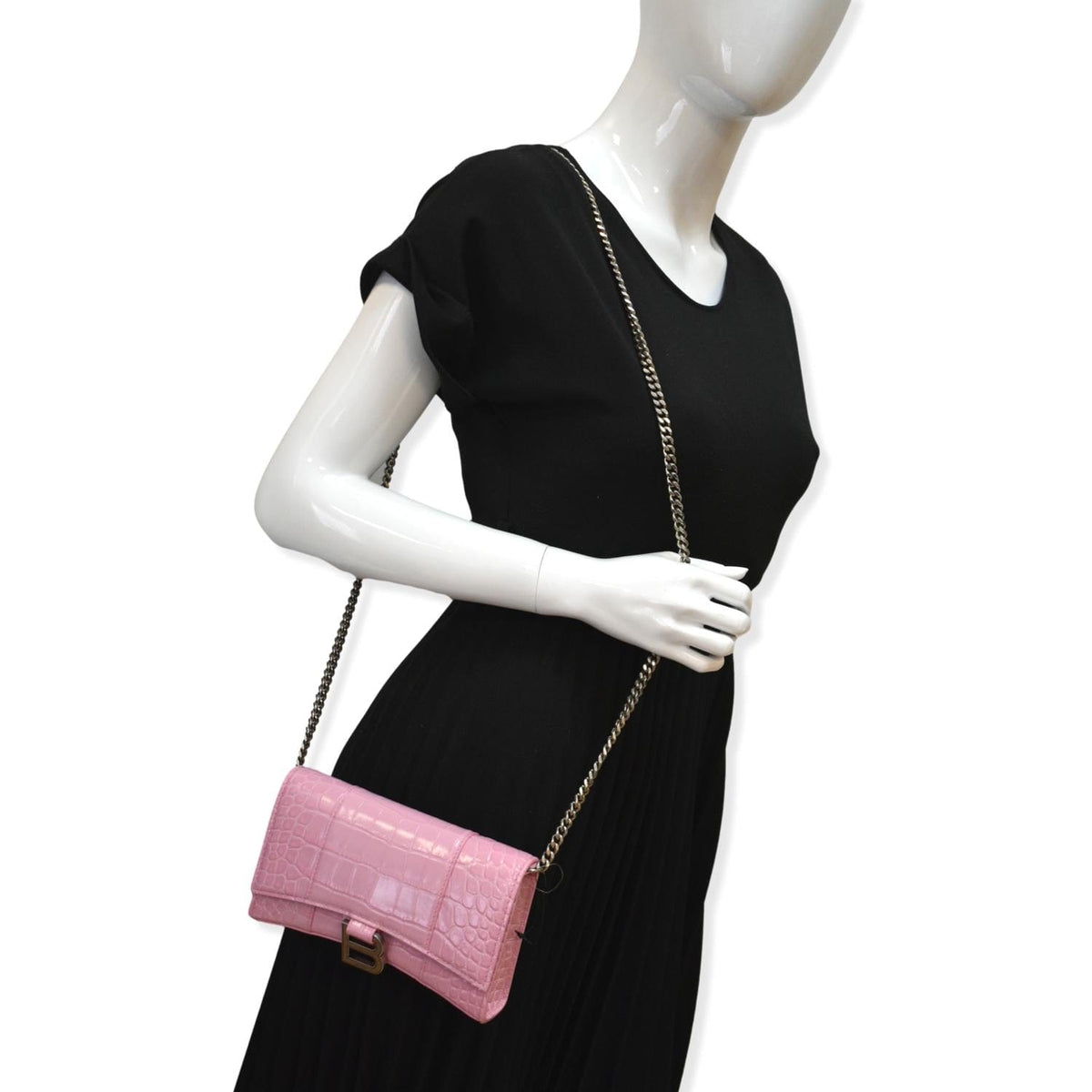 BALENCIAGA Hourglass Crocodile Embossed Chain Wallet Pink