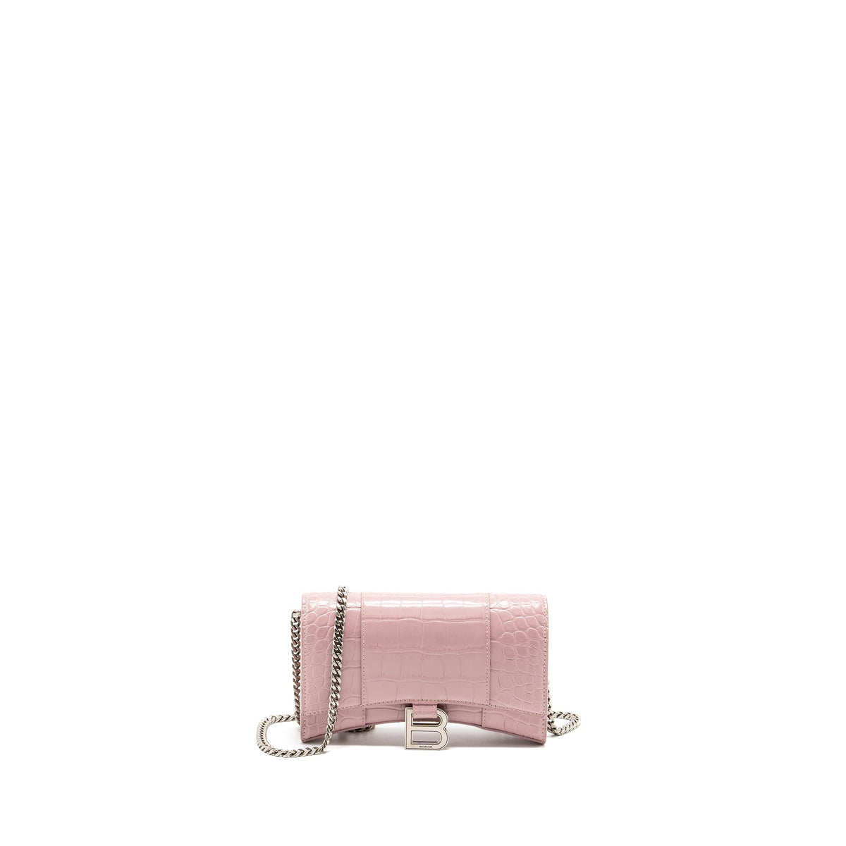 Balenciaga Hourglass Wallet on Chain Crocodile-Embossed Calfskin Pink