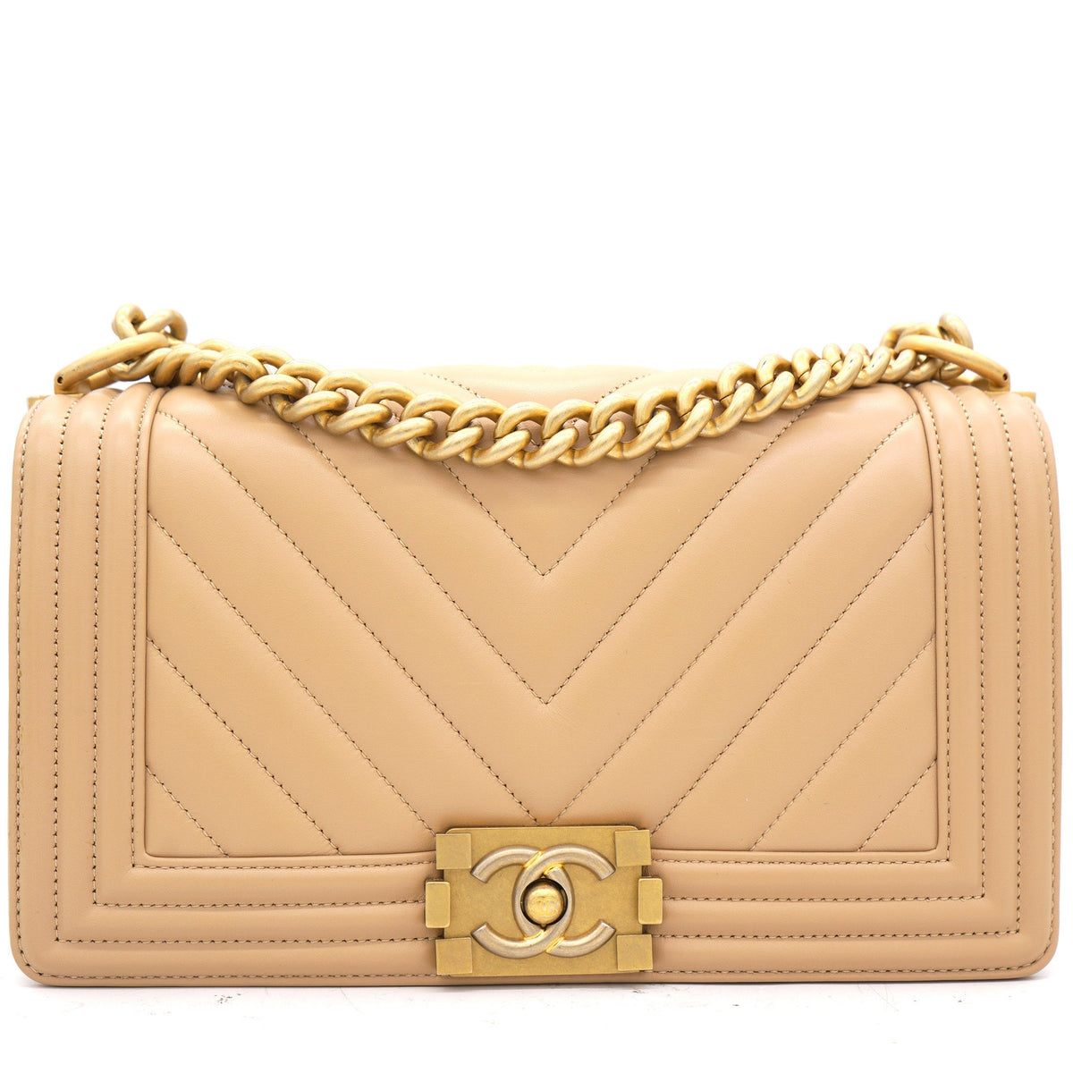 Chanel Beige Chevron Leather Medium Boy Flap Bag