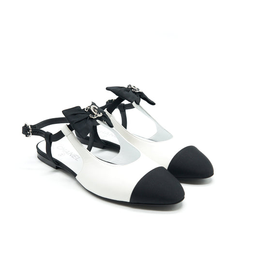 CHANEL Slingback Flats With Ribbons White and Black Size38.5 Handbag