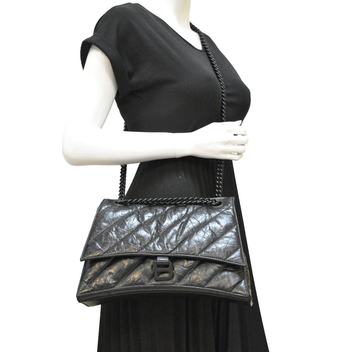 BALENCIAGA Hourglass Medium Crushed Leather Chain Wallet Shoulder Bag Black