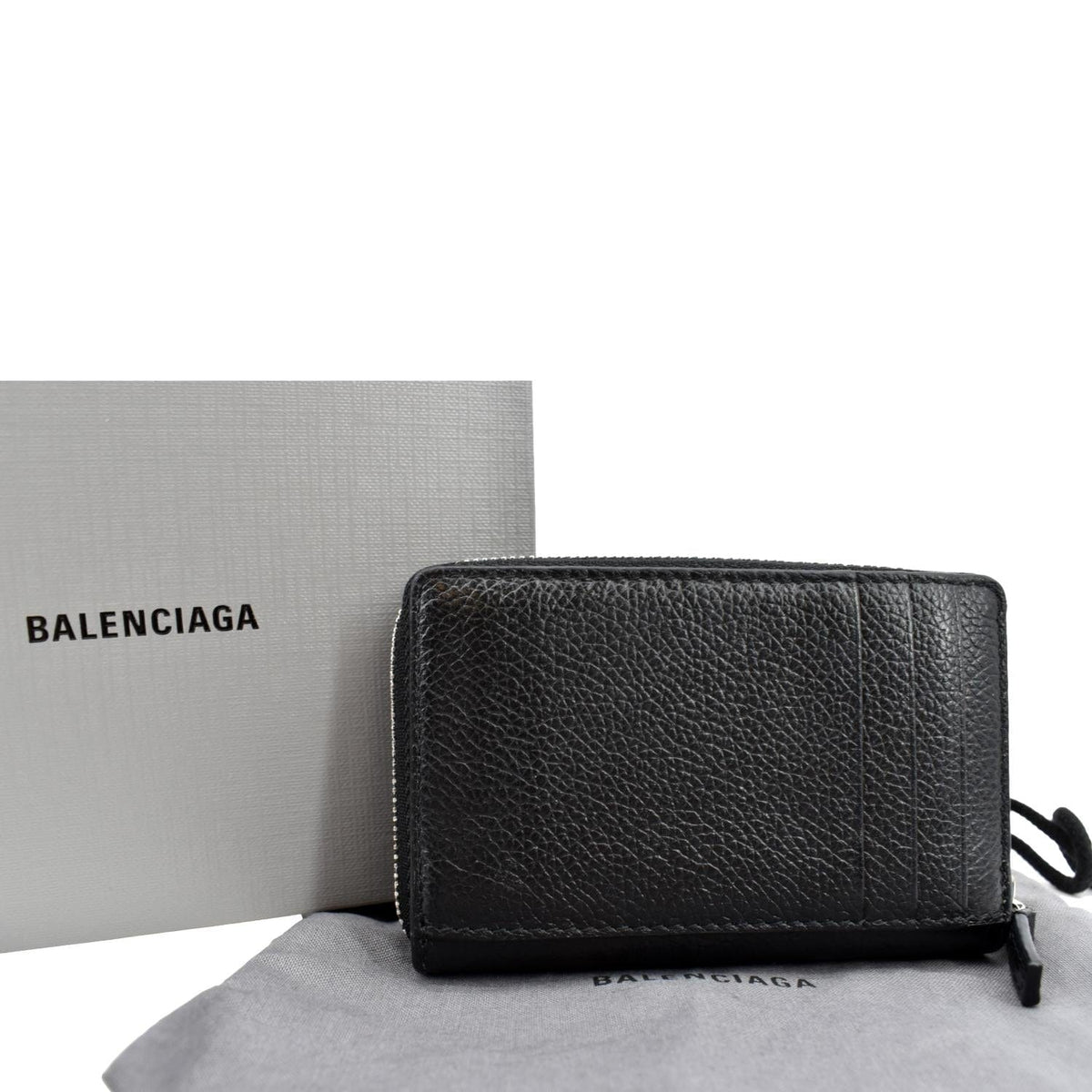 BALENCIAGA Classic Zip Around Leather Card Case Wallet Black