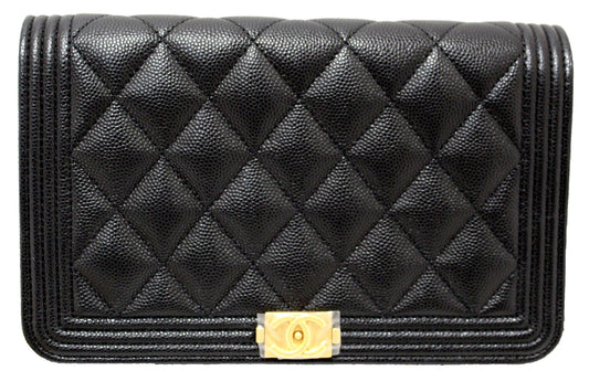 Chanel Black Caviar Quilted Leather Boy Wallet On Chain WOC
