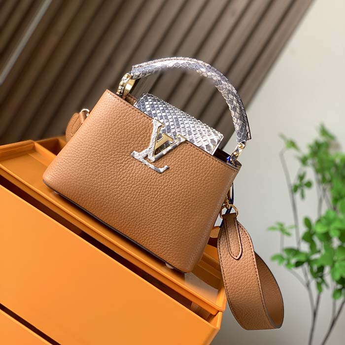 Louis Vuitton LV Women Capucines Mini Handbag Golden Yellow Taurillon Leather Python Skin