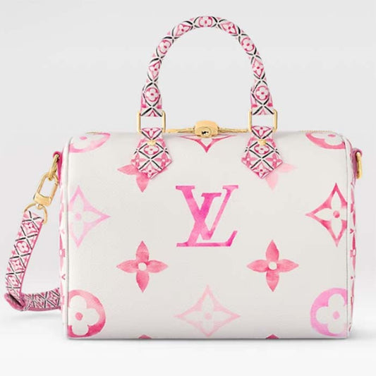 Louis Vuitton Women LV Bandoulière 25 Pink Monogram Coated Canvas Double Zip Padlock