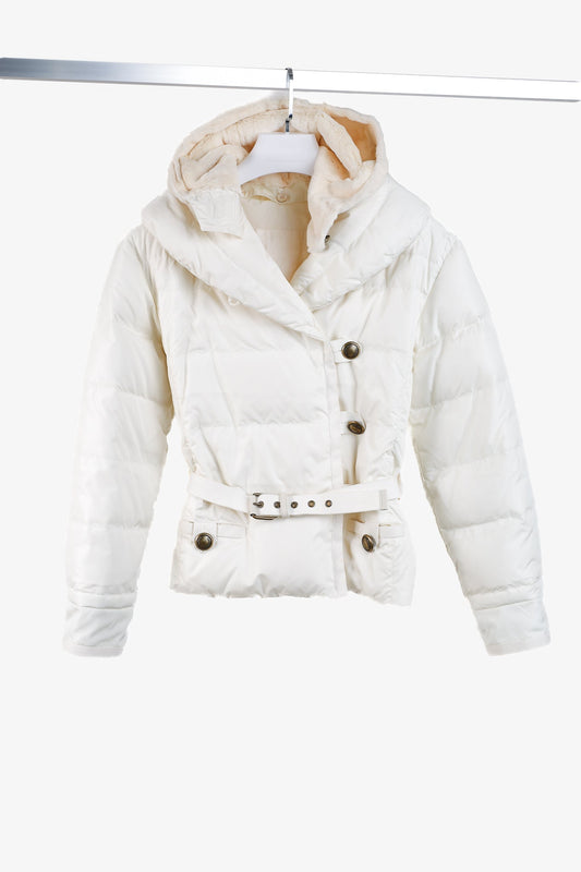 Louis Vuitton Cream Mink-Hood Belted Down Jacket
