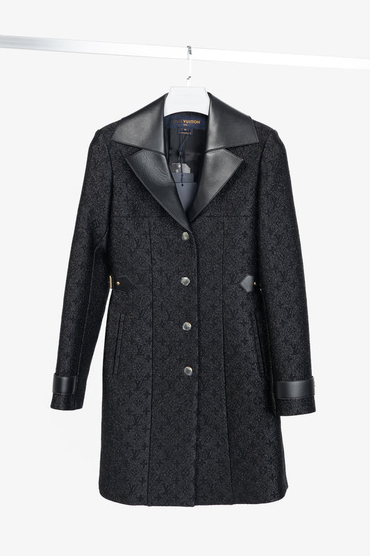 Louis Vuitton Black Monogram Wool Leather Insert A-Line Glitter Coat