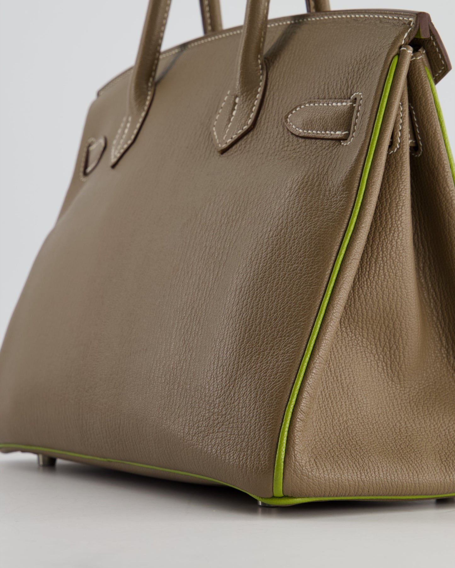 Hermes HSS Birkin 30 Retourne Bag in Etoupe & Vert Anis Chèvre Mysore with Brushed Palladium Hardware