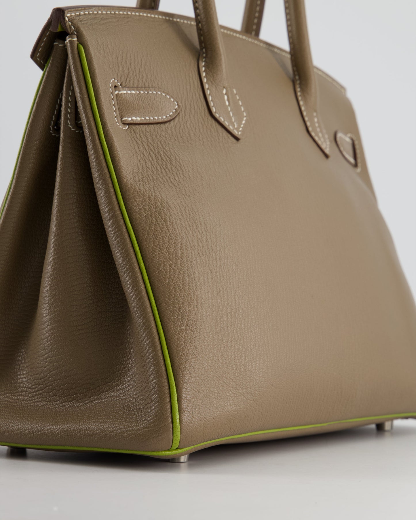Hermes HSS Birkin 30 Retourne Bag in Etoupe & Vert Anis Chèvre Mysore with Brushed Palladium Hardware