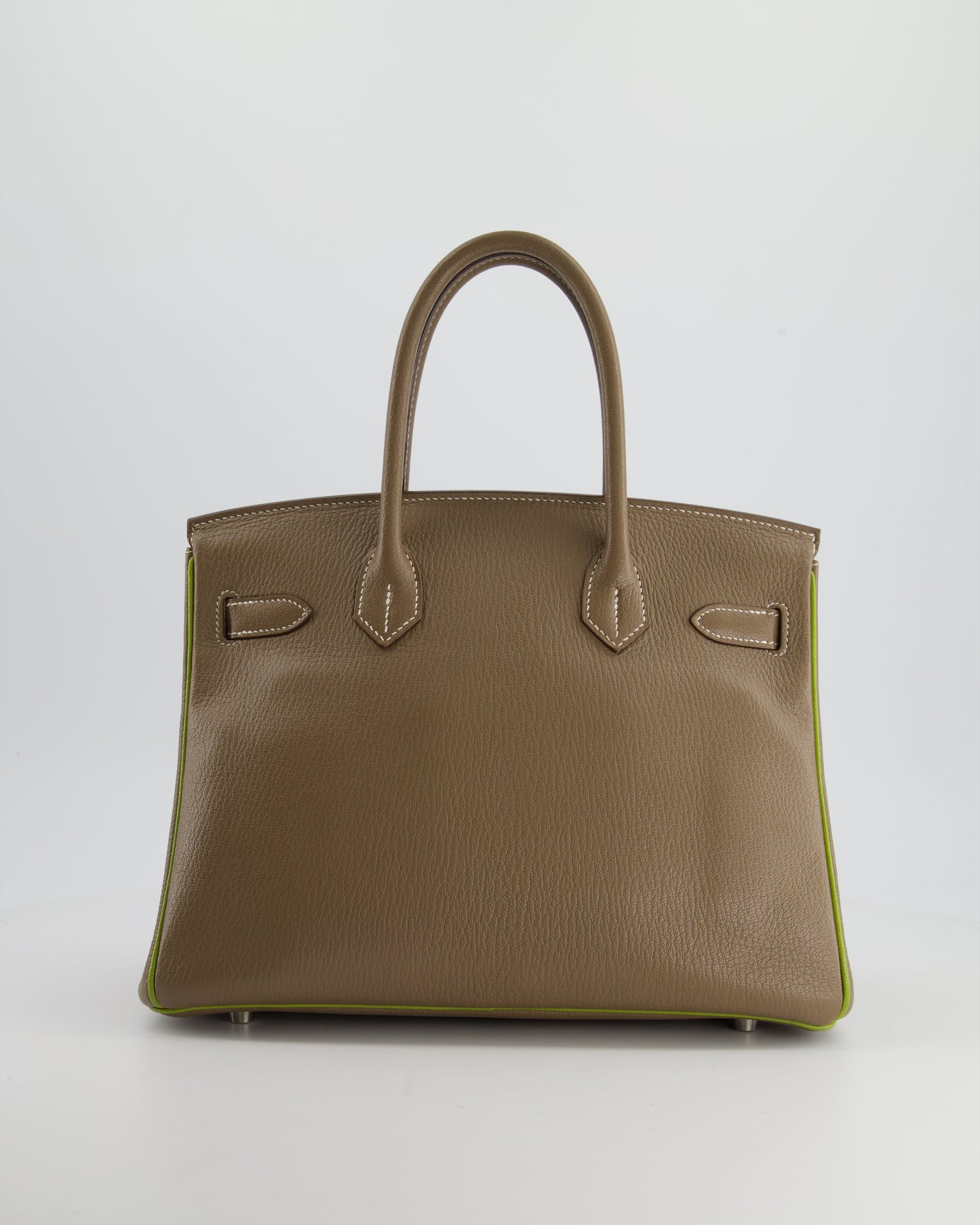 Hermes HSS Birkin 30 Retourne Bag in Etoupe & Vert Anis Chèvre Mysore with Brushed Palladium Hardware