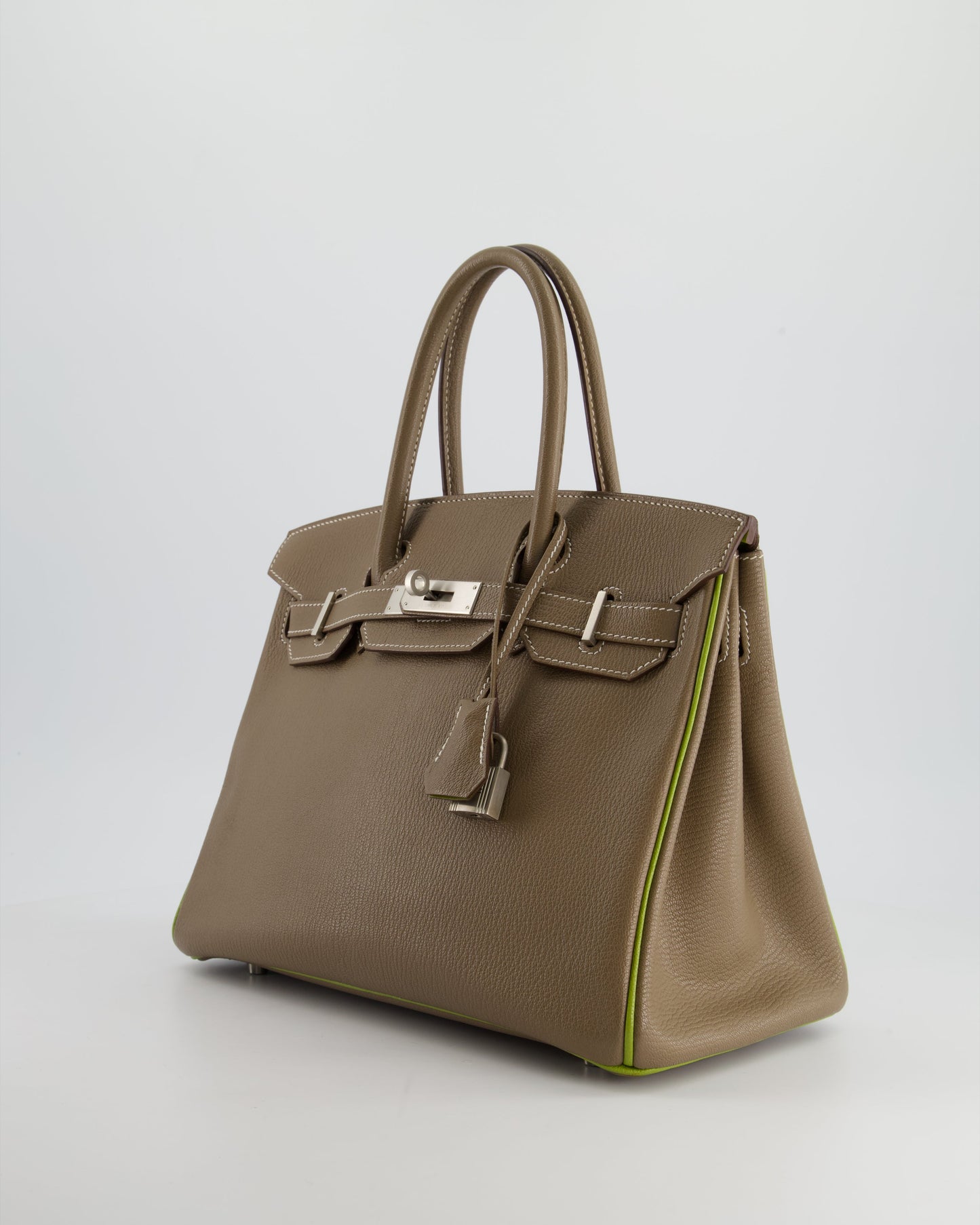 Hermes HSS Birkin 30 Retourne Bag in Etoupe & Vert Anis Chèvre Mysore with Brushed Palladium Hardware