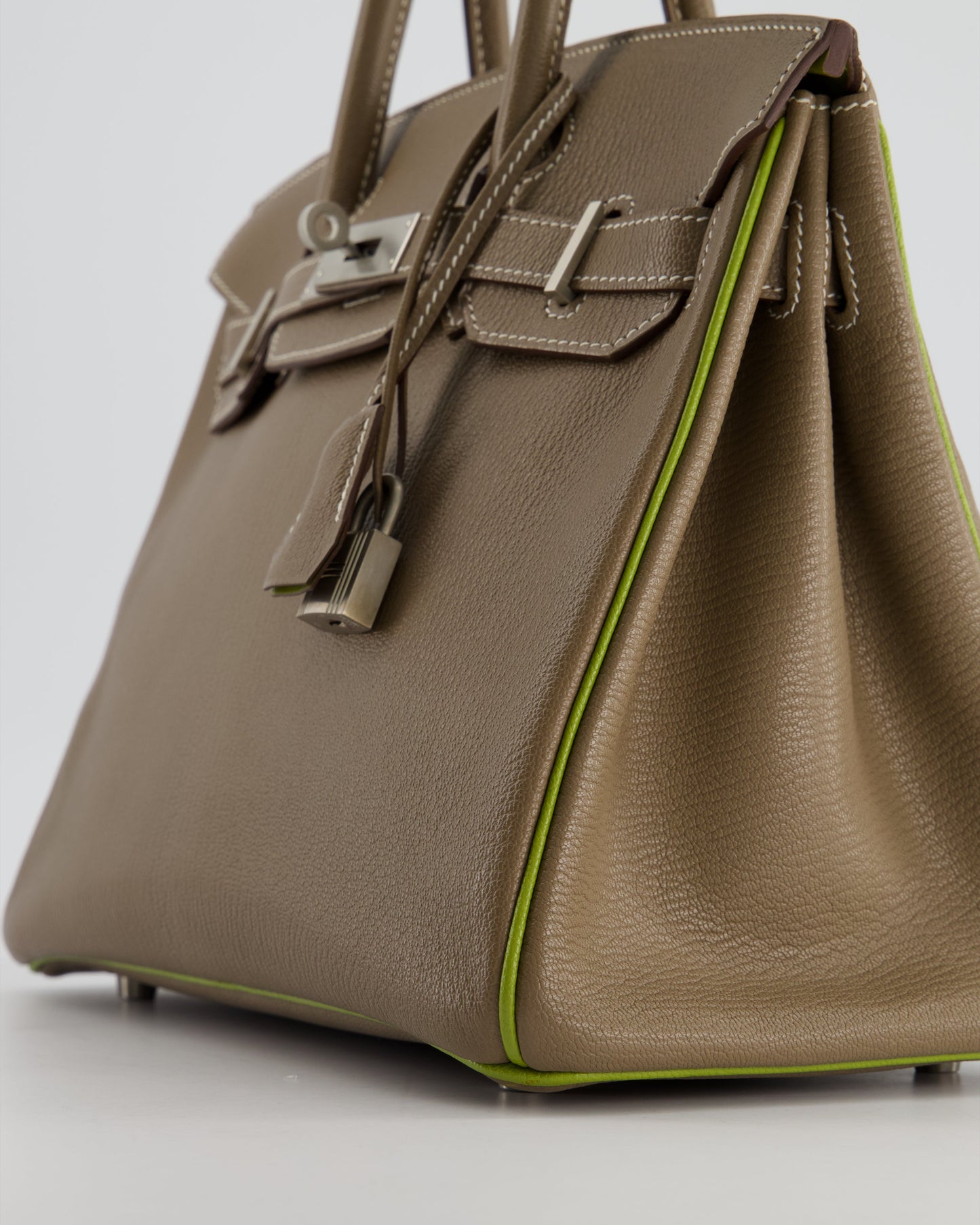 Hermes HSS Birkin 30 Retourne Bag in Etoupe & Vert Anis Chèvre Mysore with Brushed Palladium Hardware