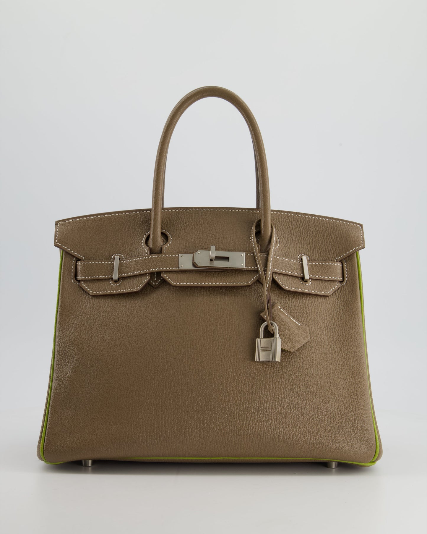Hermes HSS Birkin 30 Retourne Bag in Etoupe & Vert Anis Chèvre Mysore with Brushed Palladium Hardware