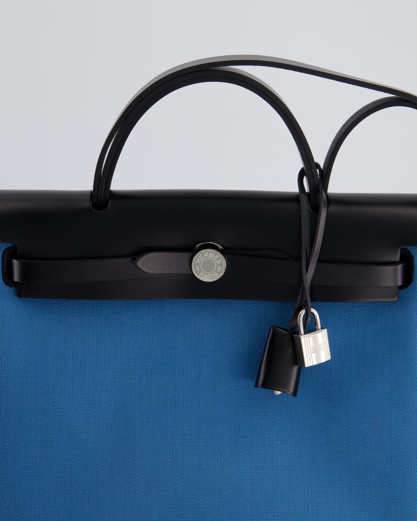 Hermes Herbag 31 Bag in Blue Jean Canvas and Noir Vache Hunter Leather with Palladium Hardware