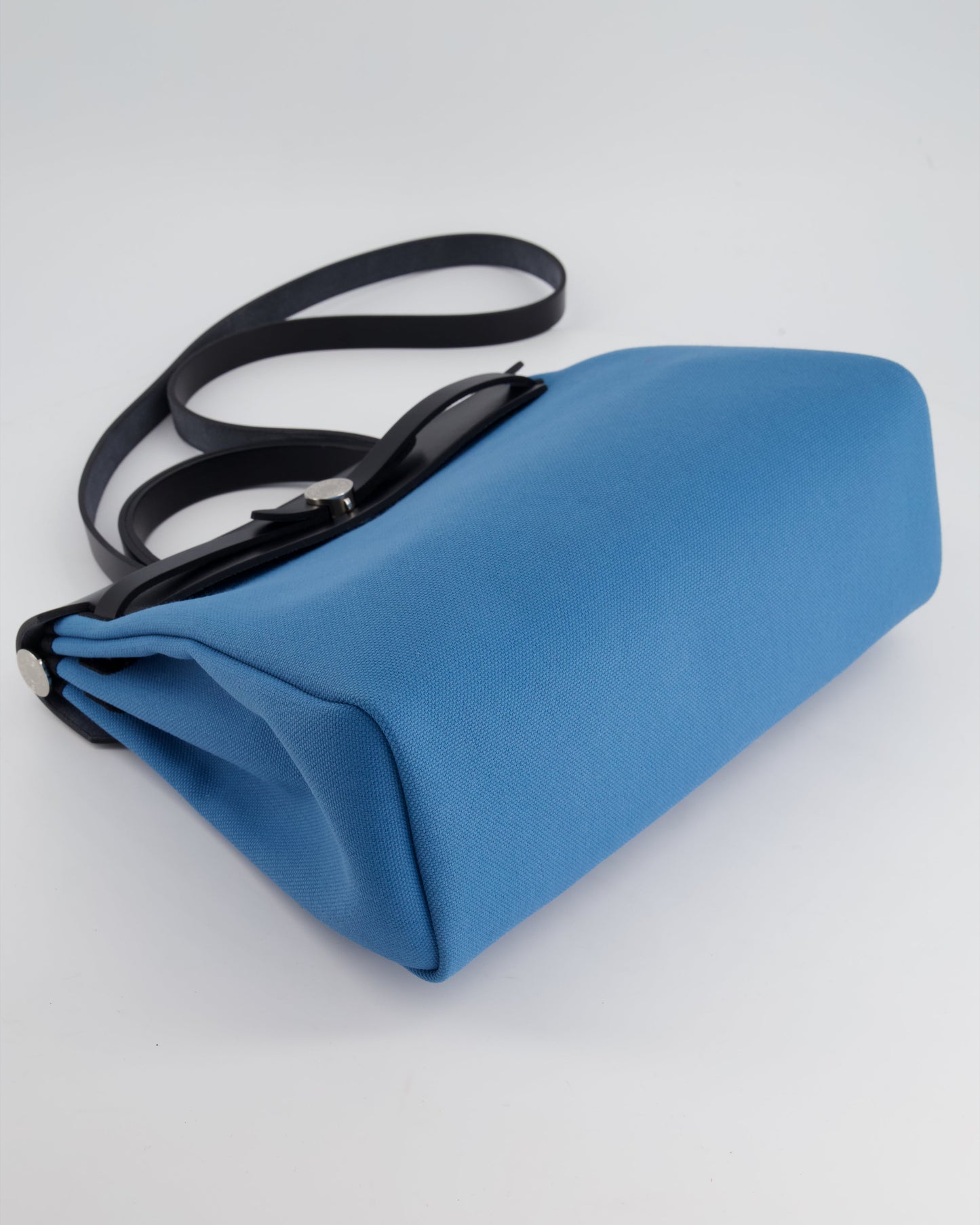 Hermes Herbag 31 Bag in Blue Jean Canvas and Noir Vache Hunter Leather with Palladium Hardware