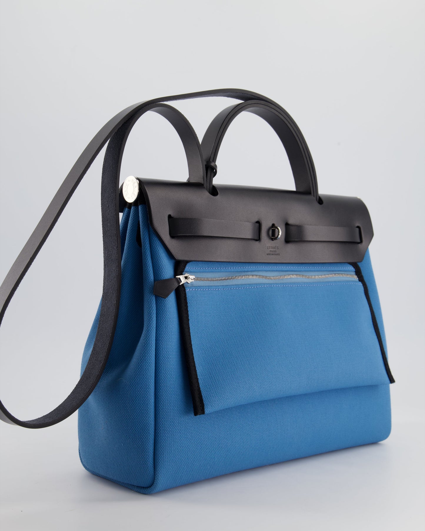 Hermes Herbag 31 Bag in Blue Jean Canvas and Noir Vache Hunter Leather with Palladium Hardware