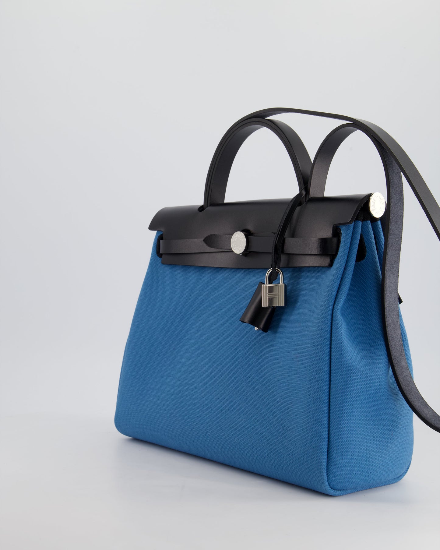 Hermes Herbag 31 Bag in Blue Jean Canvas and Noir Vache Hunter Leather with Palladium Hardware