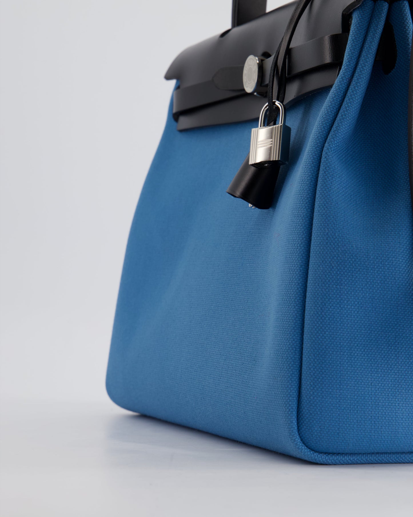 Hermes Herbag 31 Bag in Blue Jean Canvas and Noir Vache Hunter Leather with Palladium Hardware