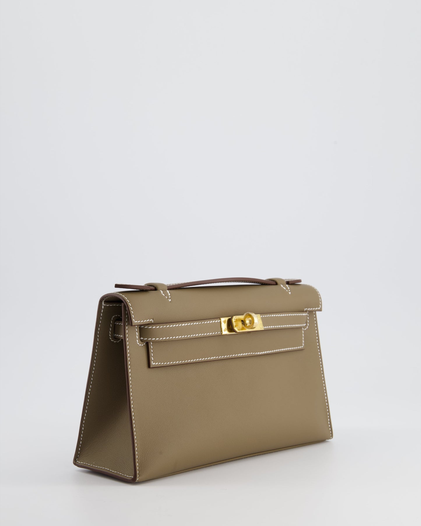 Hermes Kelly Pochette Bag in Etoupe Swift Leather and Gold Hardware