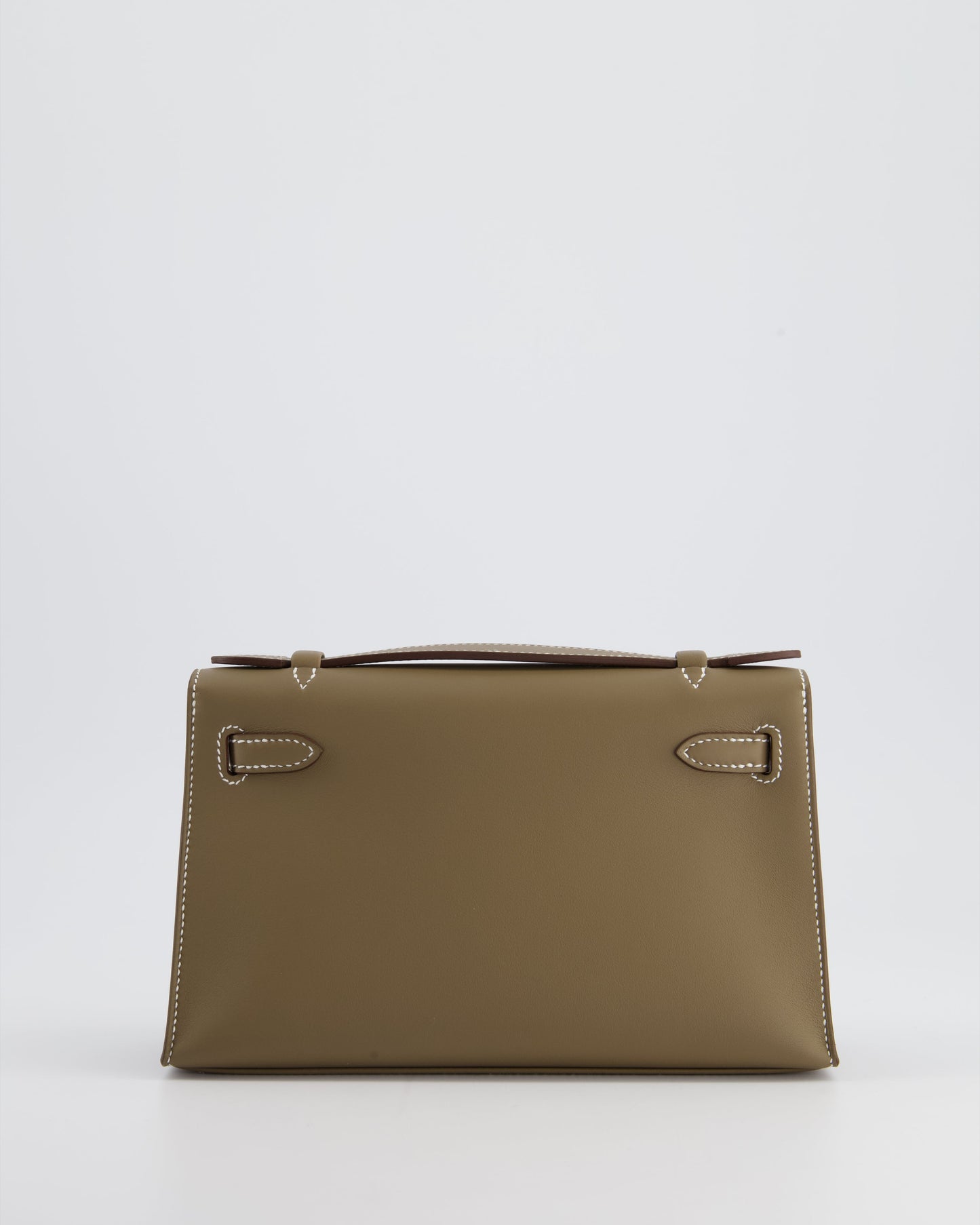 Hermes Kelly Pochette Bag in Etoupe Swift Leather and Gold Hardware