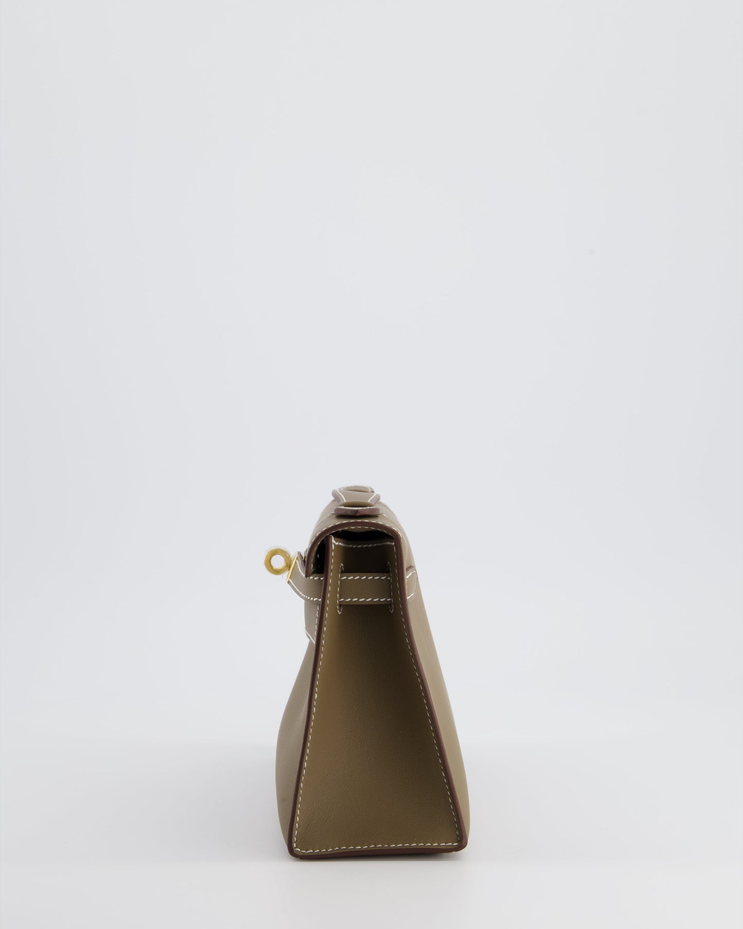 Hermes Kelly Pochette Bag in Etoupe Swift Leather and Gold Hardware