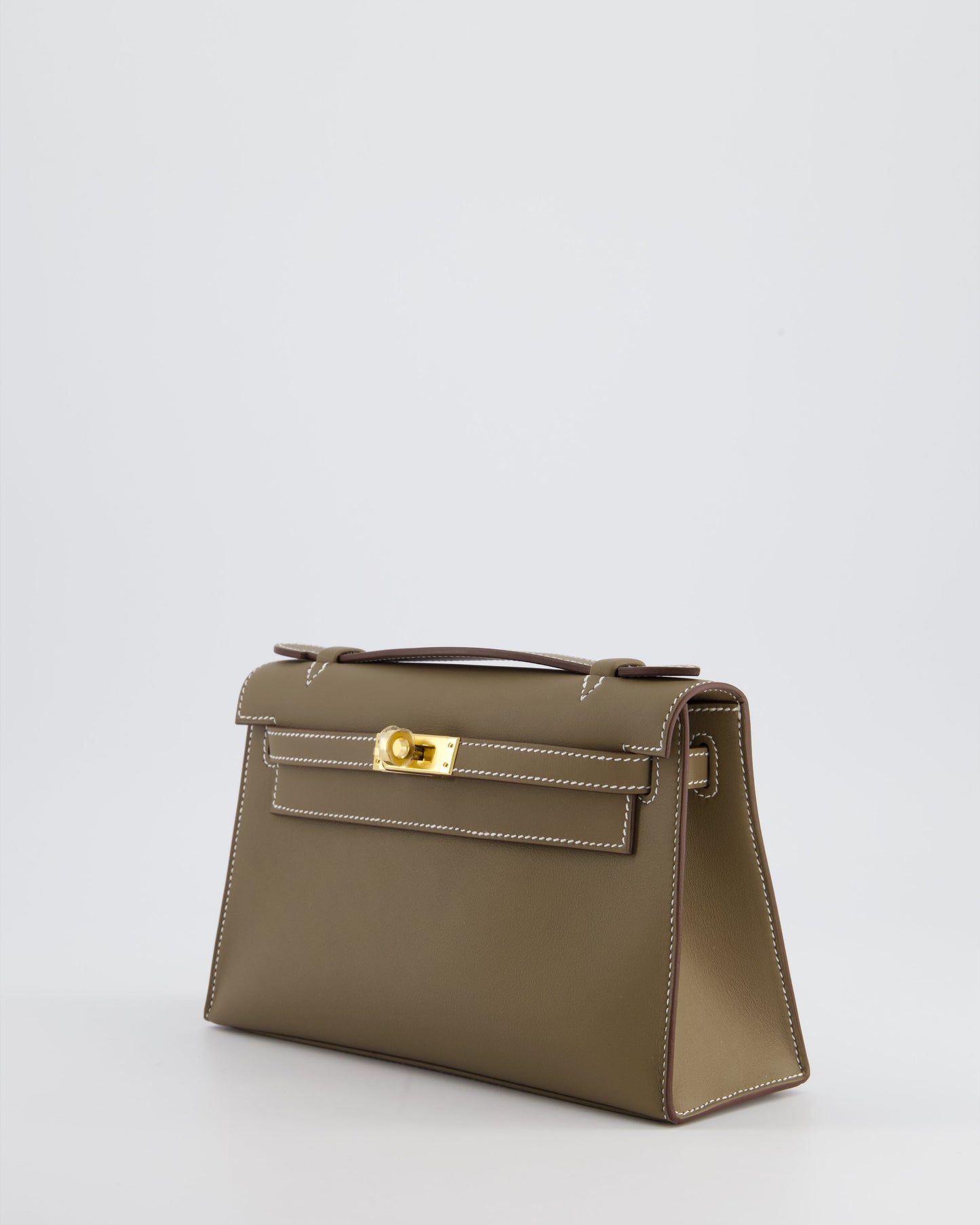 Hermes Kelly Pochette Bag in Etoupe Swift Leather and Gold Hardware