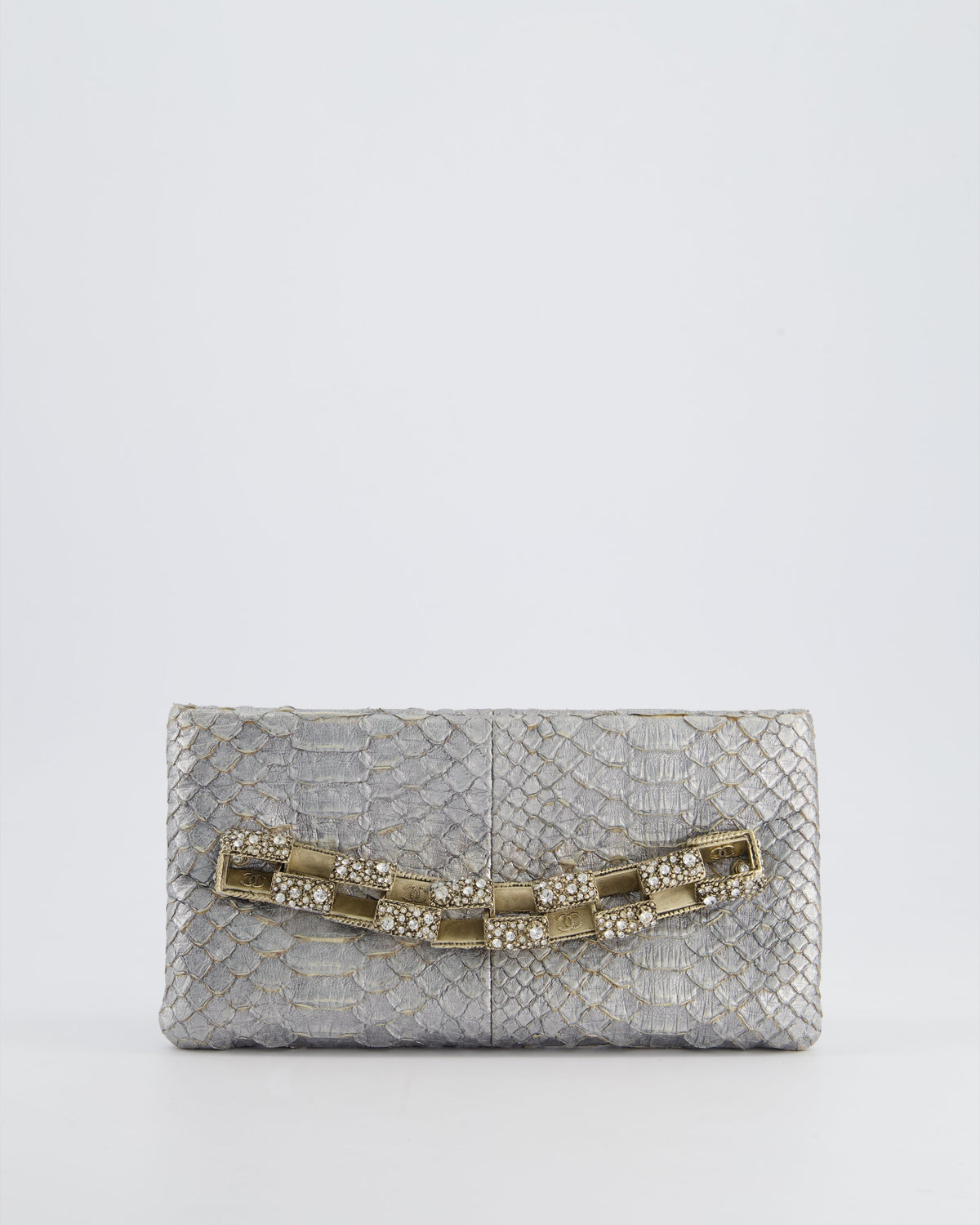 *RARE* Chanel Metallic Silver Bombay Clutch in Python Leather and Antique Gold Hardware with Embellished Crystals