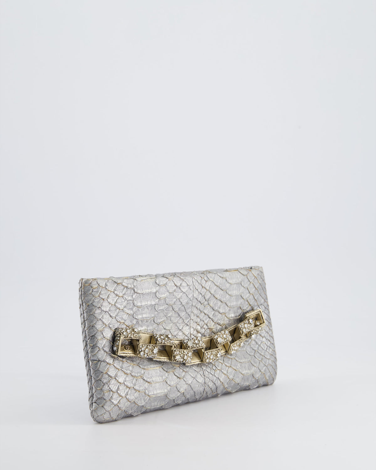 *RARE* Chanel Metallic Silver Bombay Clutch in Python Leather and Antique Gold Hardware with Embellished Crystals