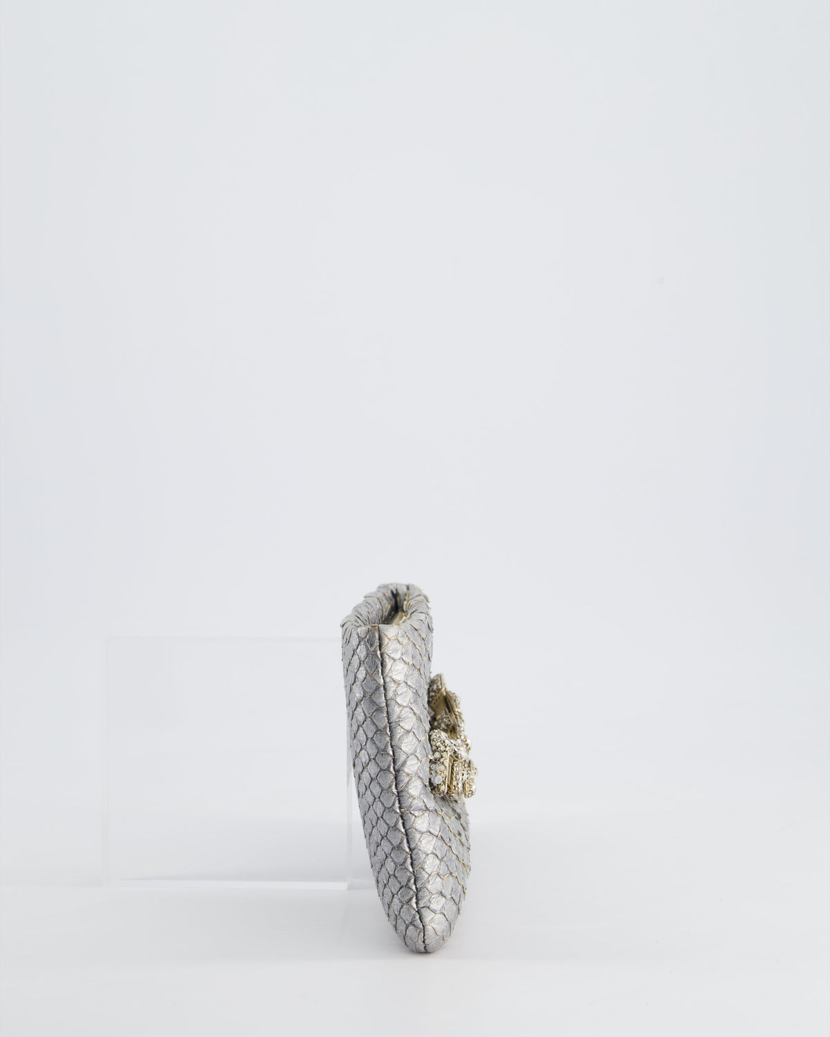 *RARE* Chanel Metallic Silver Bombay Clutch in Python Leather and Antique Gold Hardware with Embellished Crystals