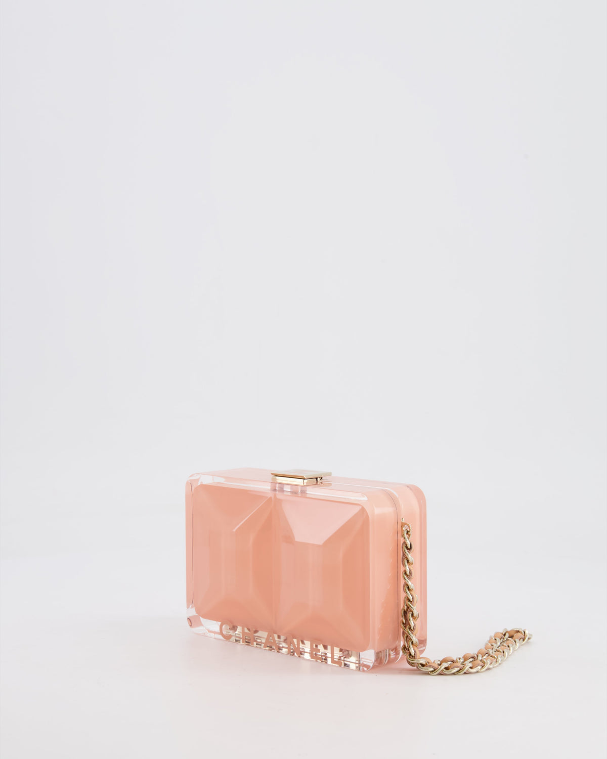 Chanel  Pink Plexiglass Clutch Bag With Champagne Hardware and Logo Detail