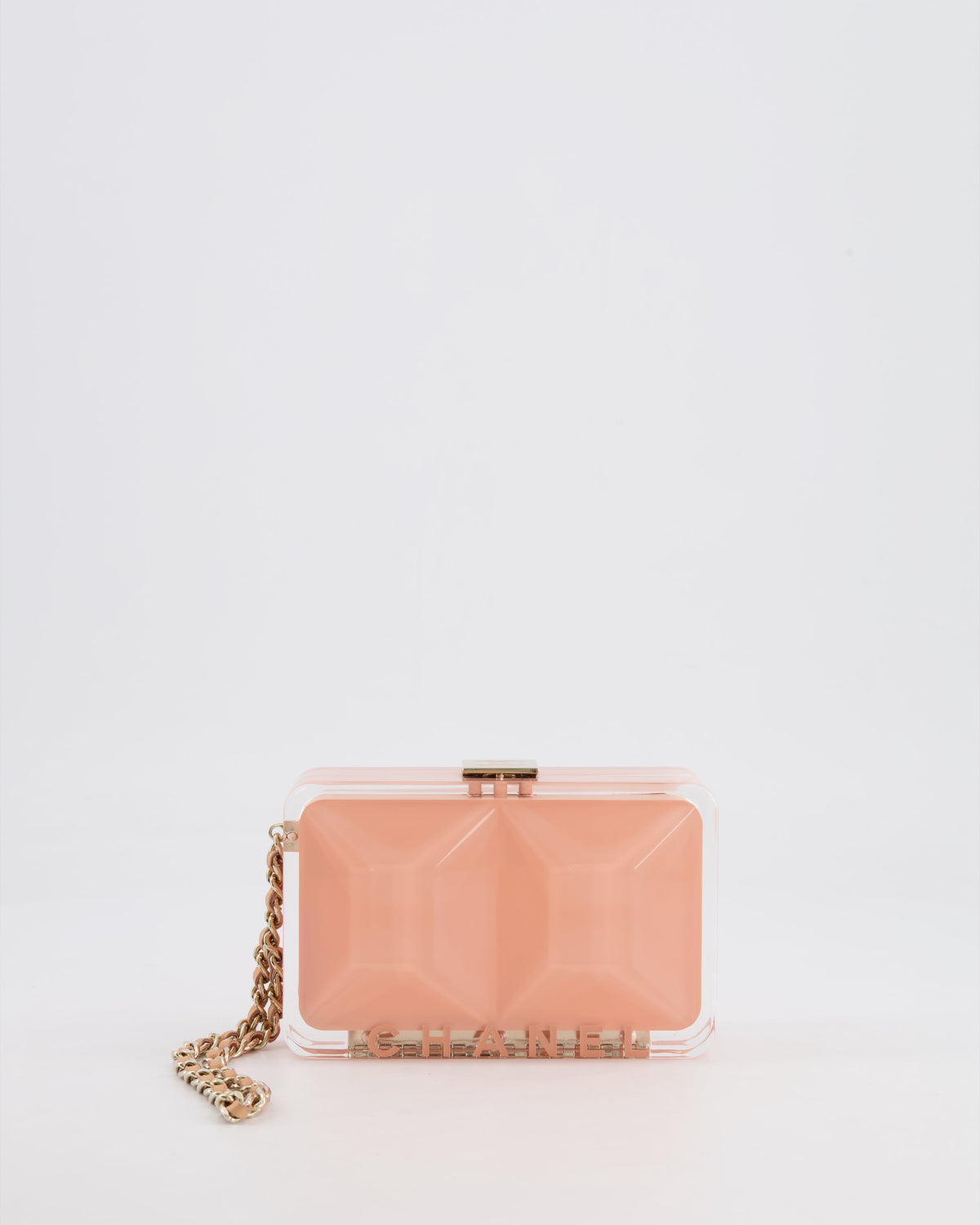 *COLLECTOR'S PIECE* Chanel  Pink Plexiglass Clutch Bag With Champagne Hardware and Logo Detail