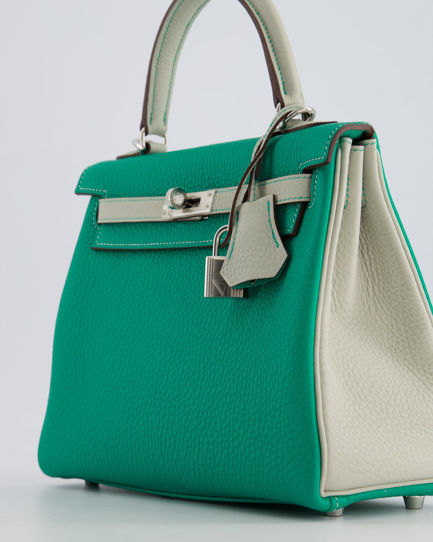 *SUPER RARE* Hermes HSS Kelly 25 Retourne Bag in Vert Vertigo & Gris Perle Togo Leather with Palladium Hardware & Contrast Stitching